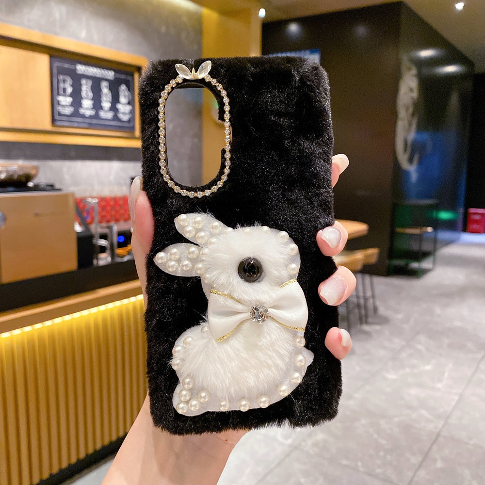 Fluffy Furry Pearl Anti-Fall Rabbit Pattern Case - Vivo Y36