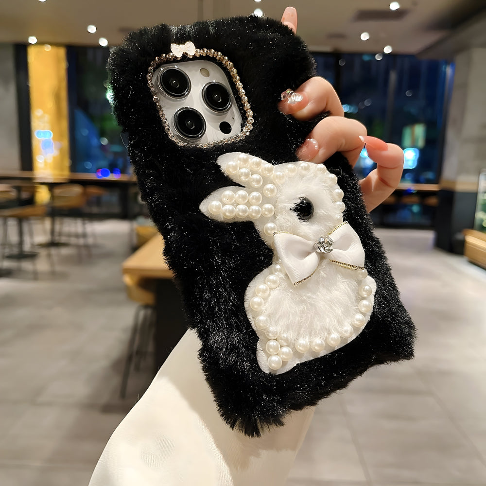 Fluffy Furry Pearl Anti-Fall Rabbit Pattern Case - Vivo Y36