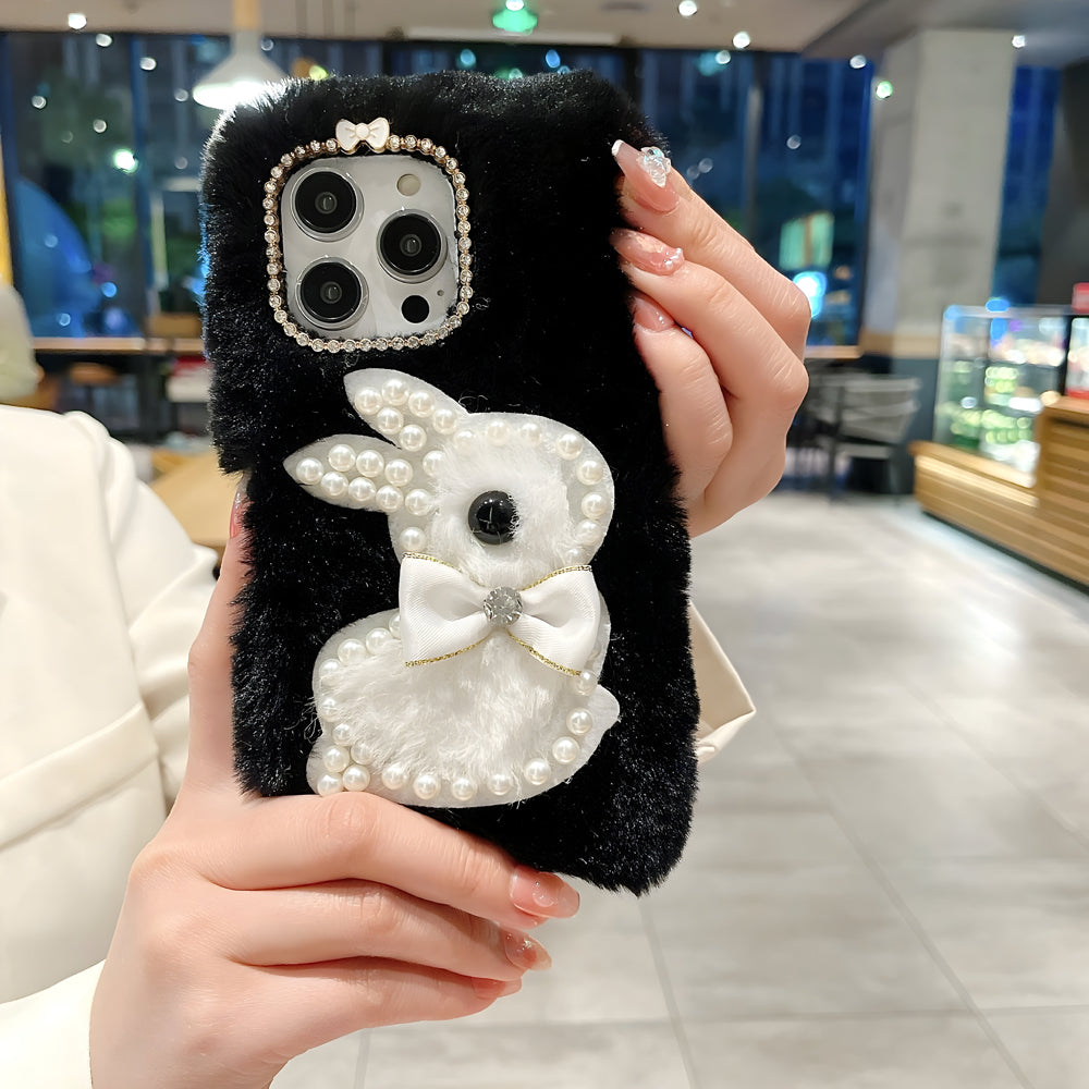 Fluffy Furry Pearl Anti-Fall Rabbit Pattern Case - Vivo Y36
