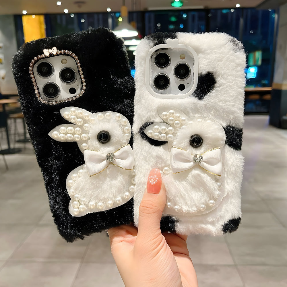 Fluffy Furry Pearl Anti-Fall Rabbit Pattern Case - Vivo Y36