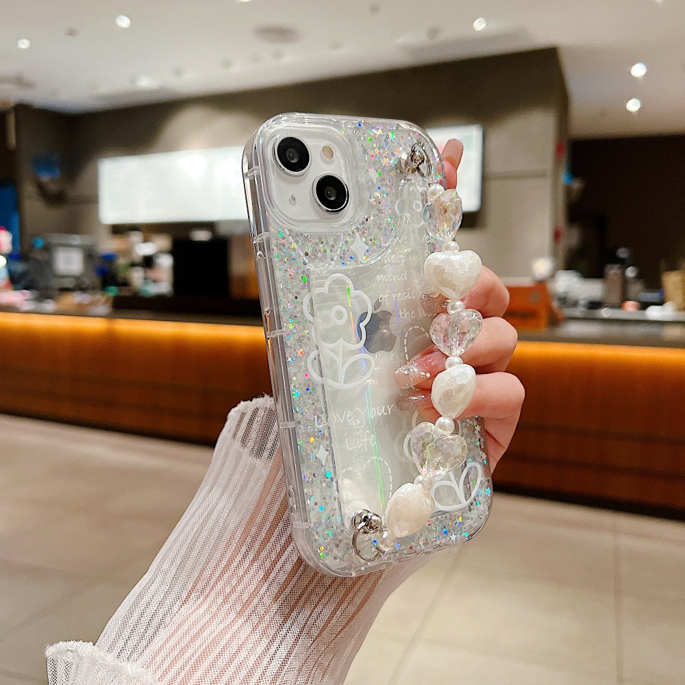 Glittery Printed Clear TPU (Soft) Phone Case with Heart Chain Bracelete - iPhone 15 Pro Max