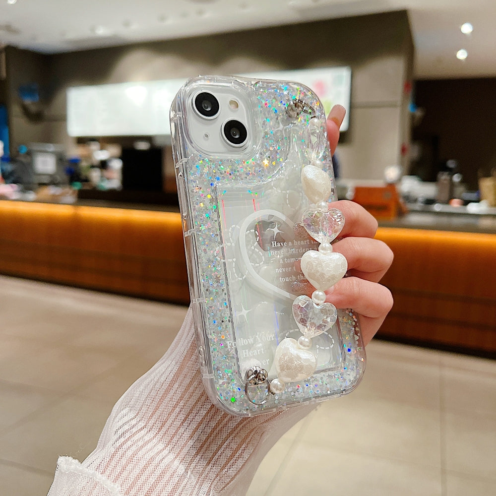 Glittery Printed Clear TPU (Soft) Phone Case with Heart Chain Bracelete - iPhone 15 Pro Max