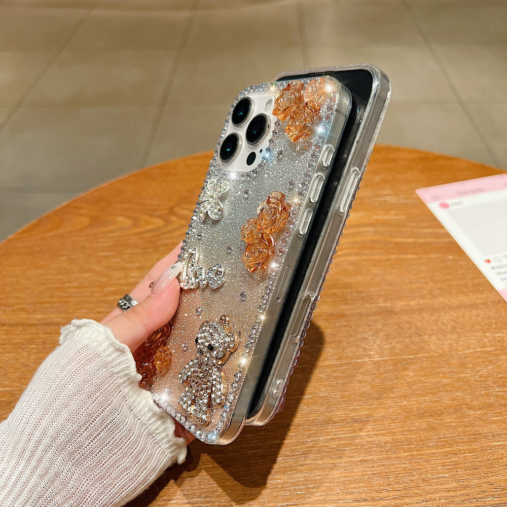 Glitter Paper Diamond Flower Love Bear Transparent Phone Case