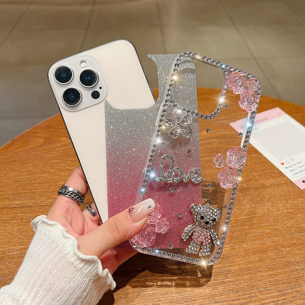 Glitter Paper Diamond Flower Love Bear Transparent Phone Case