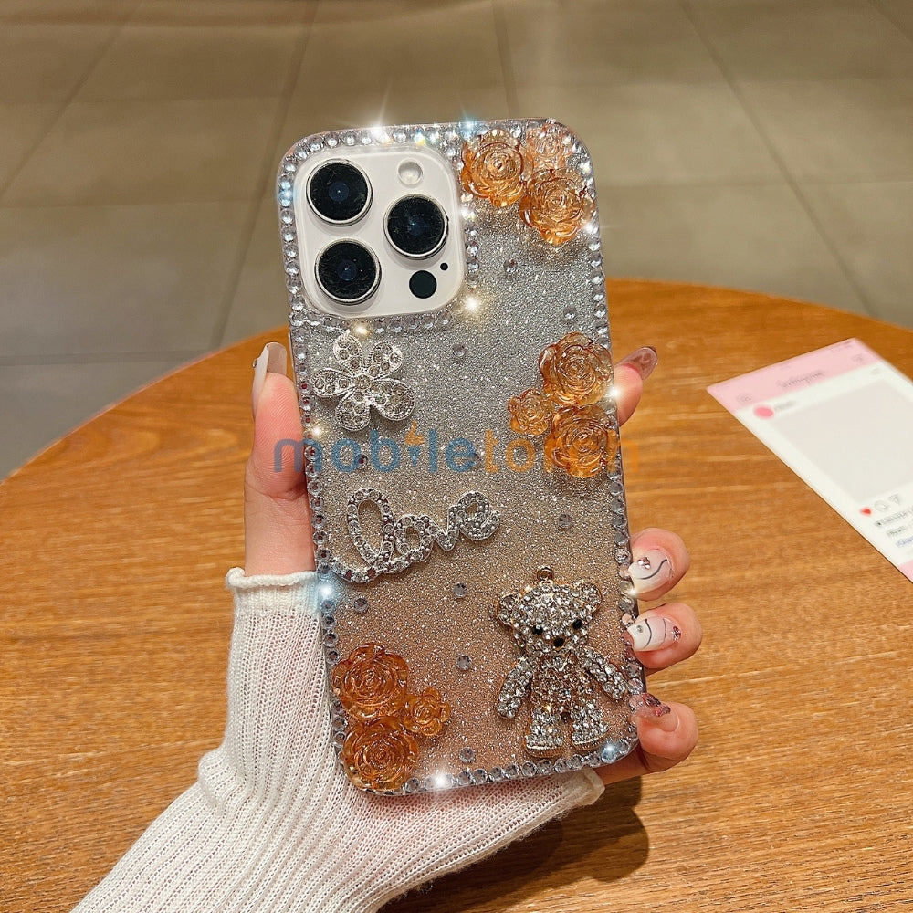 Glitter Paper Diamond Flower Love Bear Transparent TPU (Soft) Phone Case | Mobile Cover - Samsung S24 Ultra