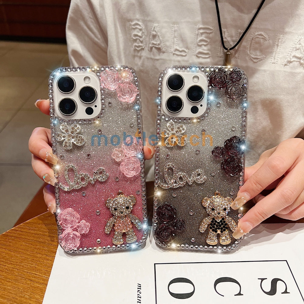 Glitter Paper Diamond Flower Love Bear Transparent TPU (Soft) Phone Case | Mobile Cover - Samsung S24 Ultra