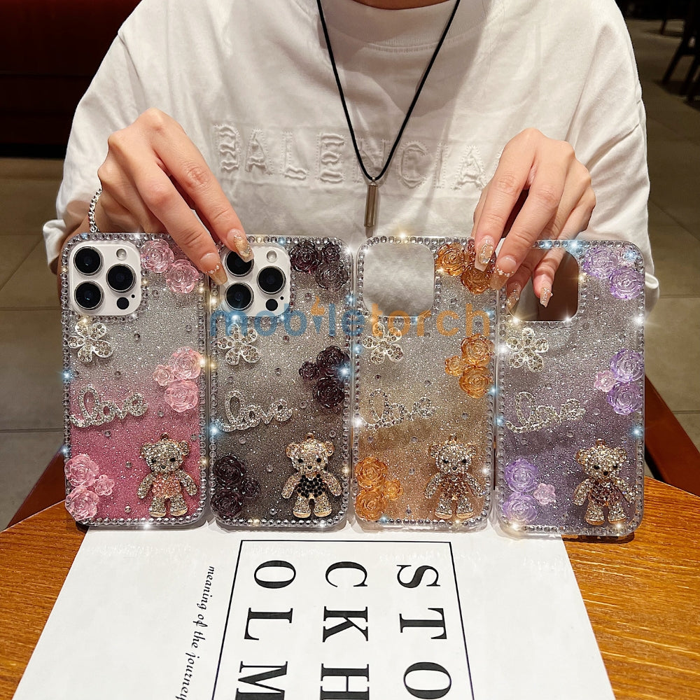 Glitter Paper Diamond Flower Love Bear Transparent TPU (Soft) Phone Case | Mobile Cover - Samsung S24 Ultra