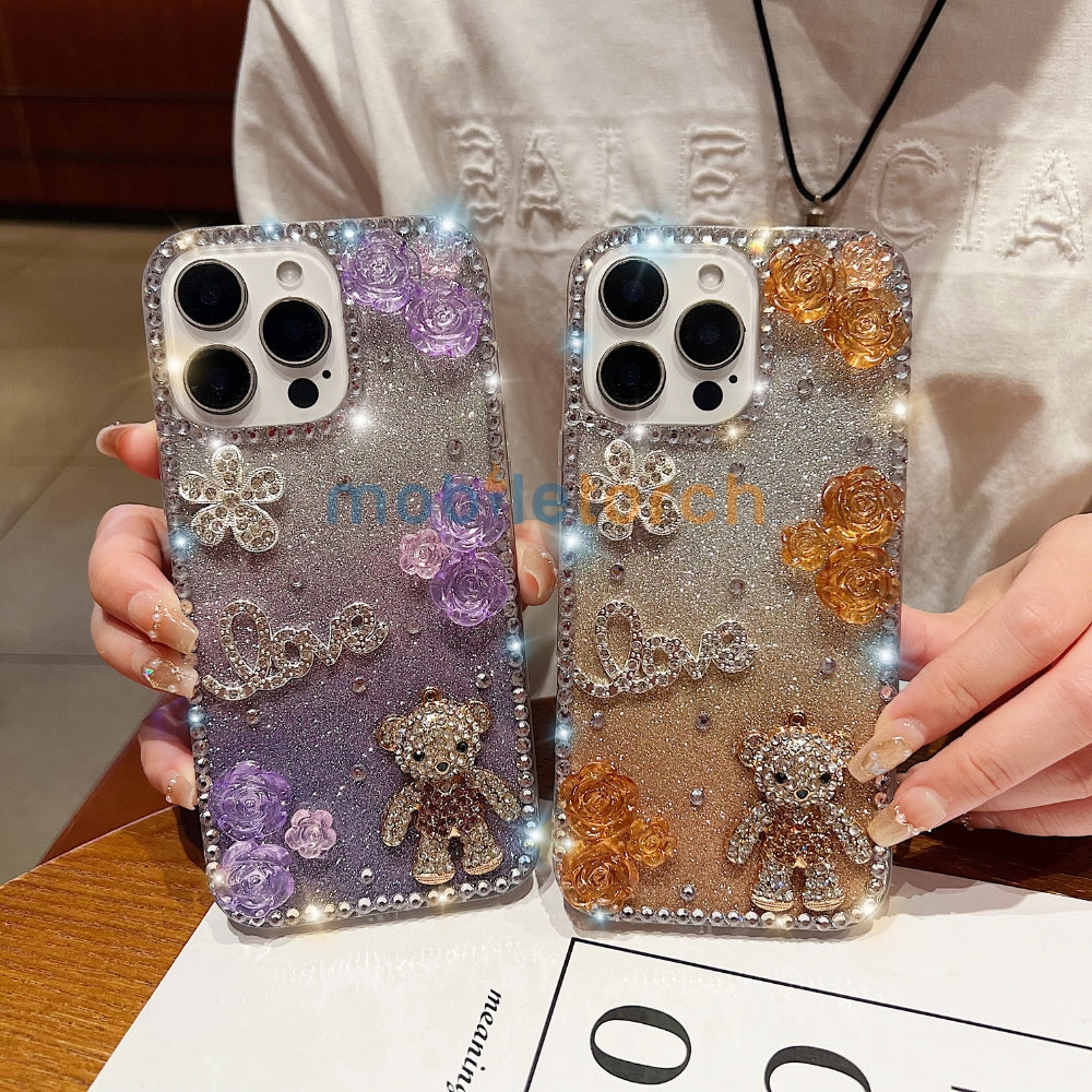 Glitter Paper Diamond Flower Love Bear Transparent TPU (Soft) Phone Case | Mobile Cover - Samsung S24 Ultra