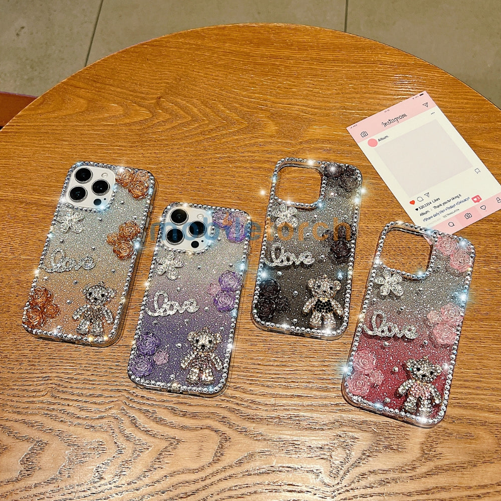 Glitter Paper Diamond Flower Love Bear Transparent TPU (Soft) Phone Case | Mobile Cover - Samsung S24 Ultra