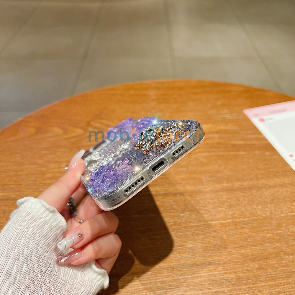 Glitter Paper Diamond Flower Love Bear Transparent TPU (Soft) Phone Case | Mobile Cover - Samsung S24 Ultra