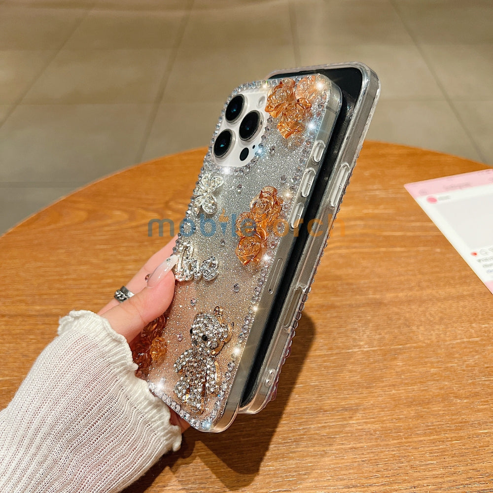 Glitter Paper Diamond Flower Love Bear Transparent TPU (Soft) Phone Case | Mobile Cover - Samsung S24 Ultra