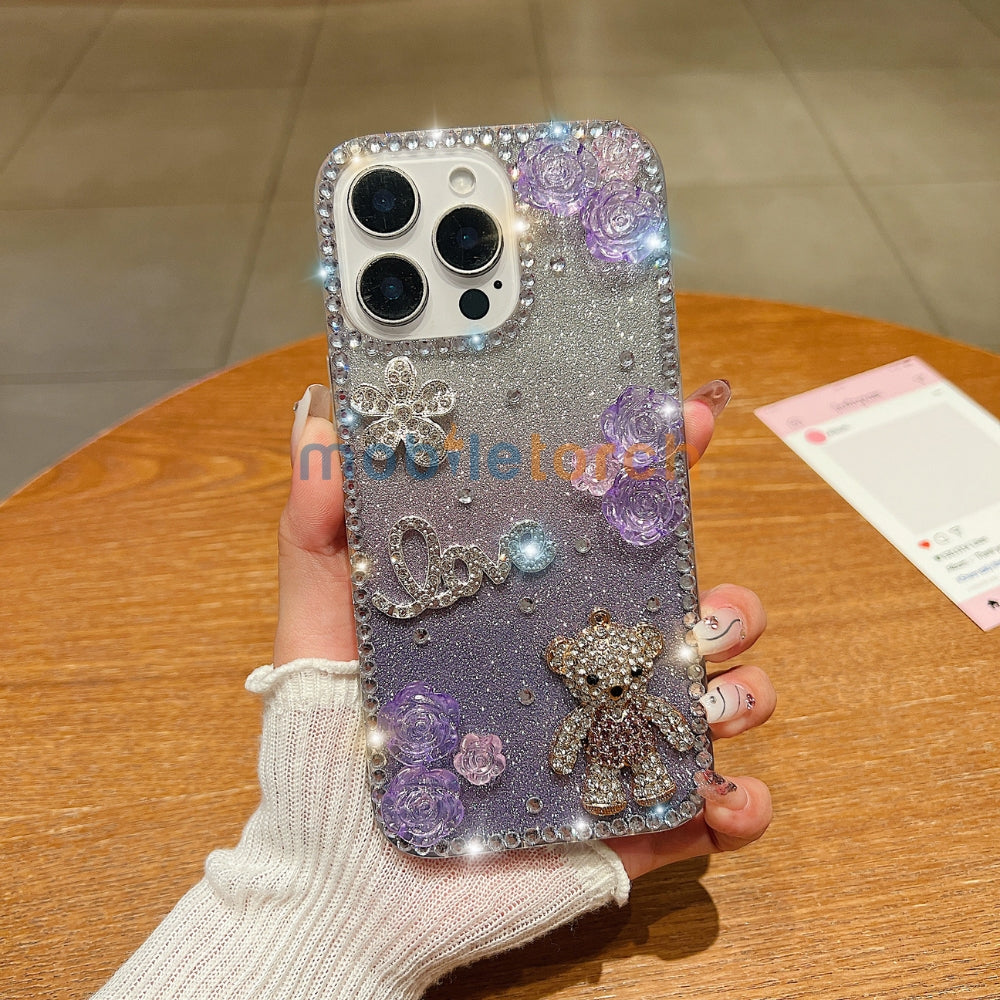 Glitter Paper Diamond Flower Love Bear Transparent TPU (Soft) Phone Case | Mobile Cover - Samsung S24 Ultra
