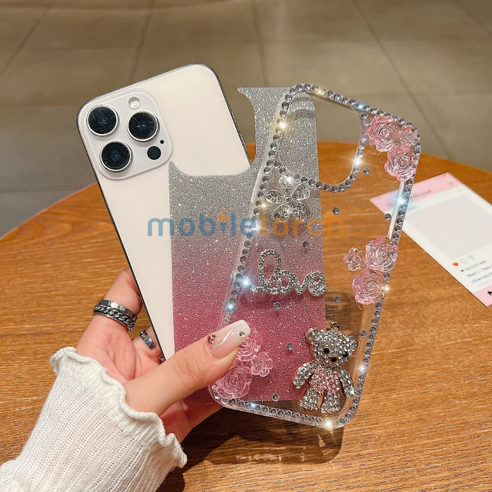 Glitter Paper Diamond Flower Love Bear Transparent TPU (Soft) Phone Case | Mobile Cover - Samsung S24 Ultra
