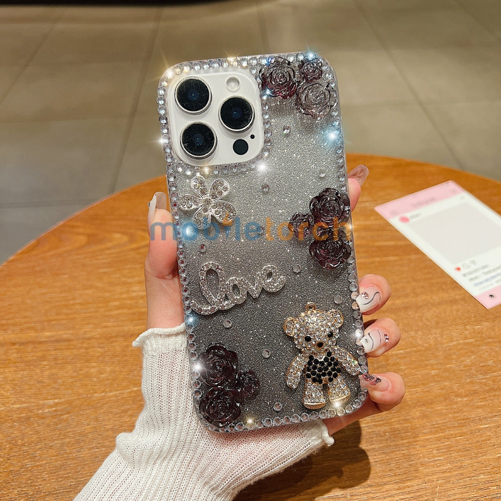 Glitter Paper Diamond Flower Love Bear Transparent TPU (Soft) Phone Case | Mobile Cover - Samsung S24 Ultra