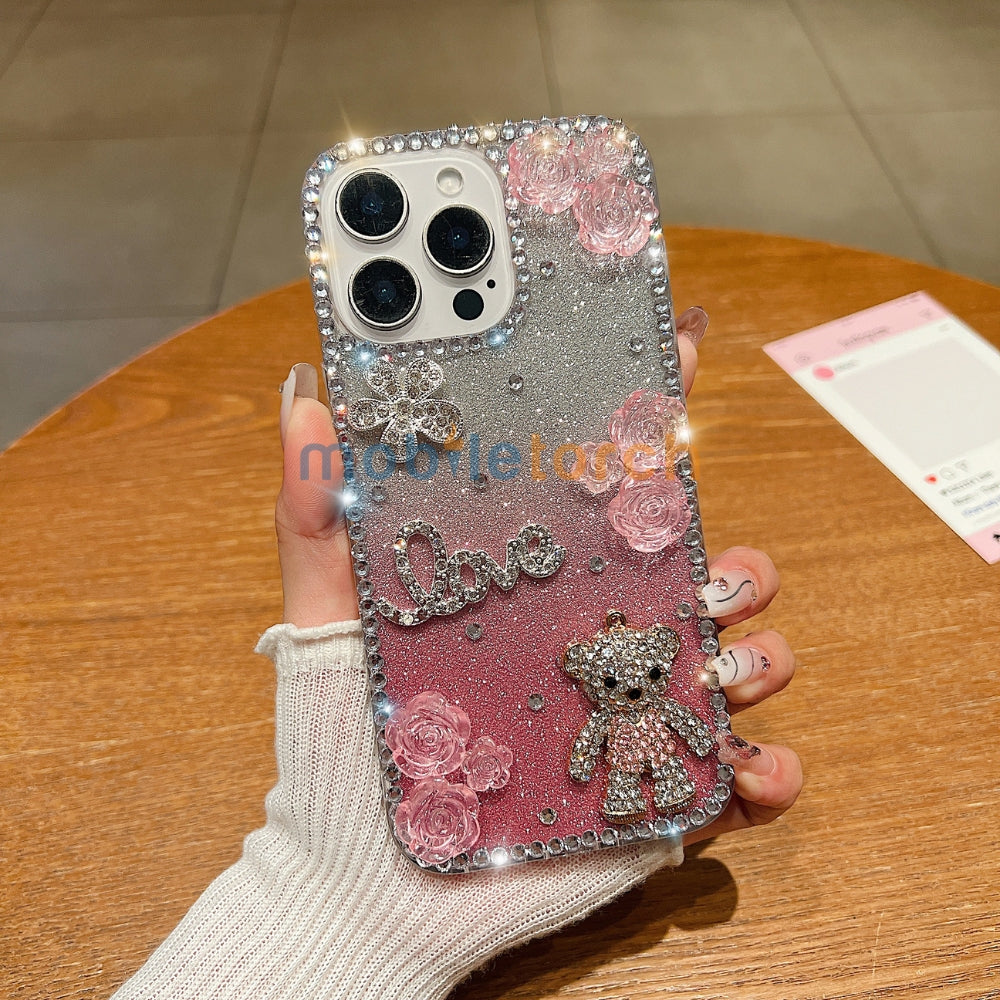 Glitter Paper Diamond Flower Love Bear Transparent TPU (Soft) Phone Case | Mobile Cover - Samsung S24 Ultra