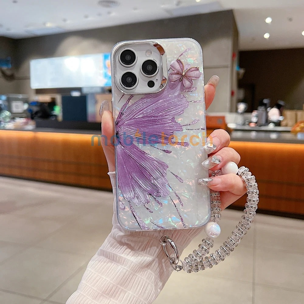 Gradient Butterfly Pattern PC (Hard) Phone Case with Bracelet - iPhone 16