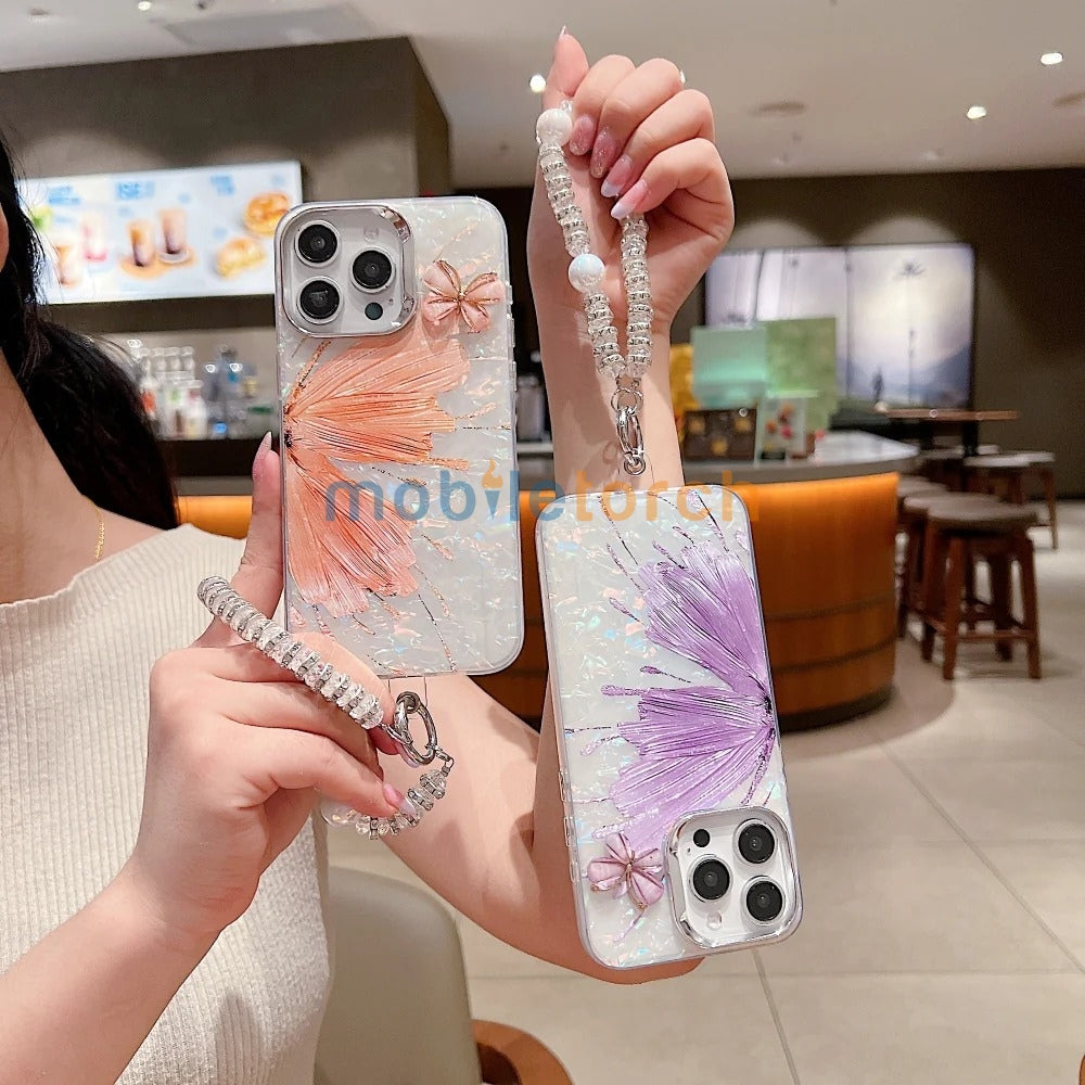 Gradient Butterfly Pattern PC (Hard) Phone Case with Bracelet - iPhone 16