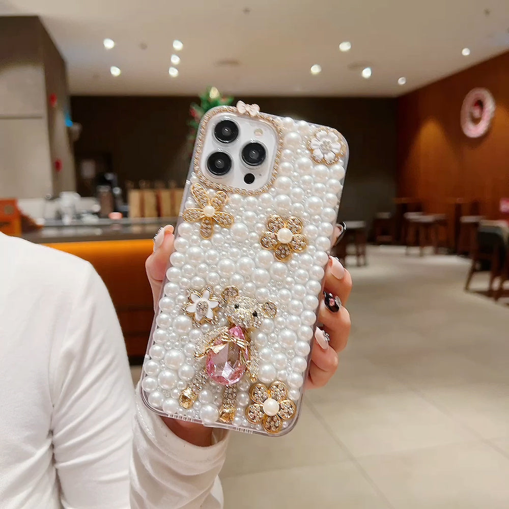 Handmade Decorative Pearl and Diamond Bear Phone Case