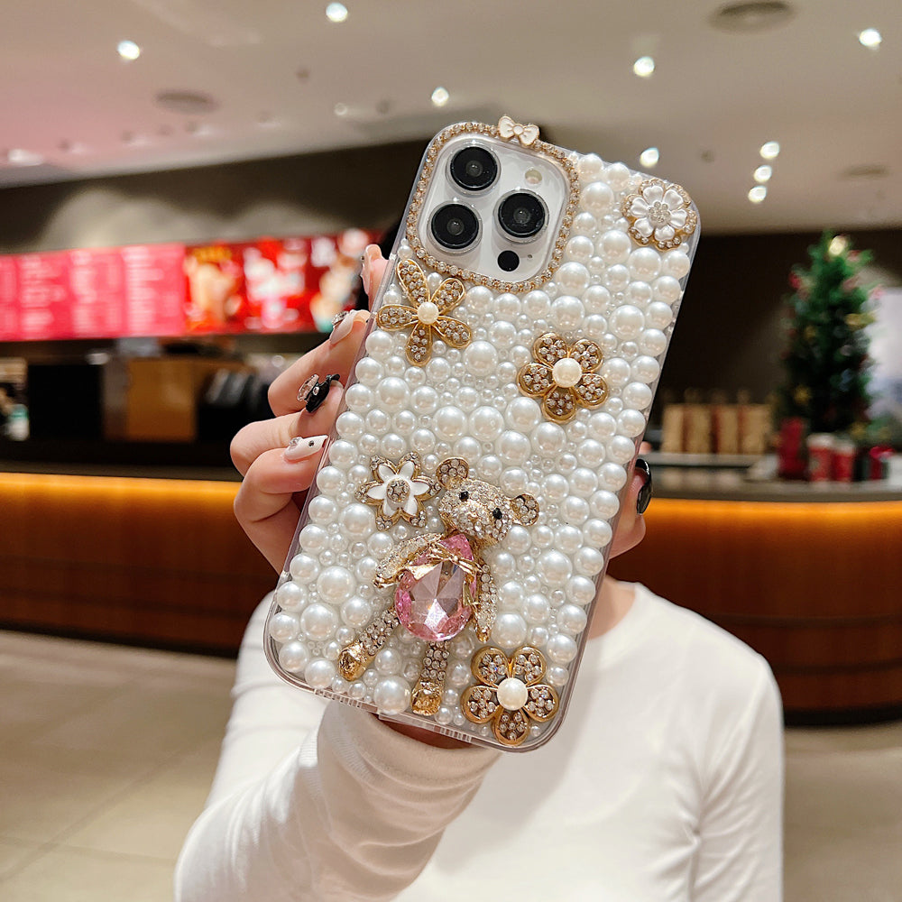 Handmade Decorative Pearl and Diamond Bear Phone Case