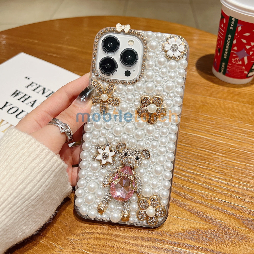Handmade Decorative Pearl and Diamond Bear Phone Case - iPhone 16 Pro Max