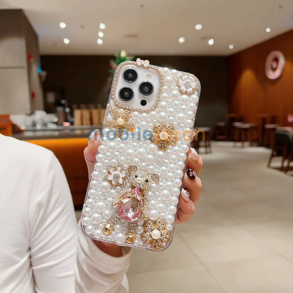 Handmade Decorative Pearl and Diamond Bear Phone Case - iPhone 16 Pro Max