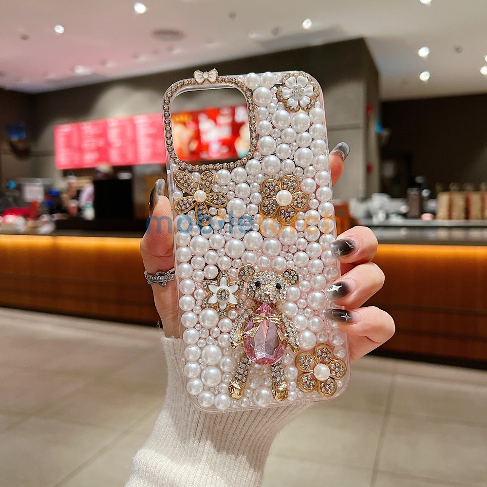 Handmade Decorative Pearl and Diamond Bear Phone Case - iPhone 16 Pro Max