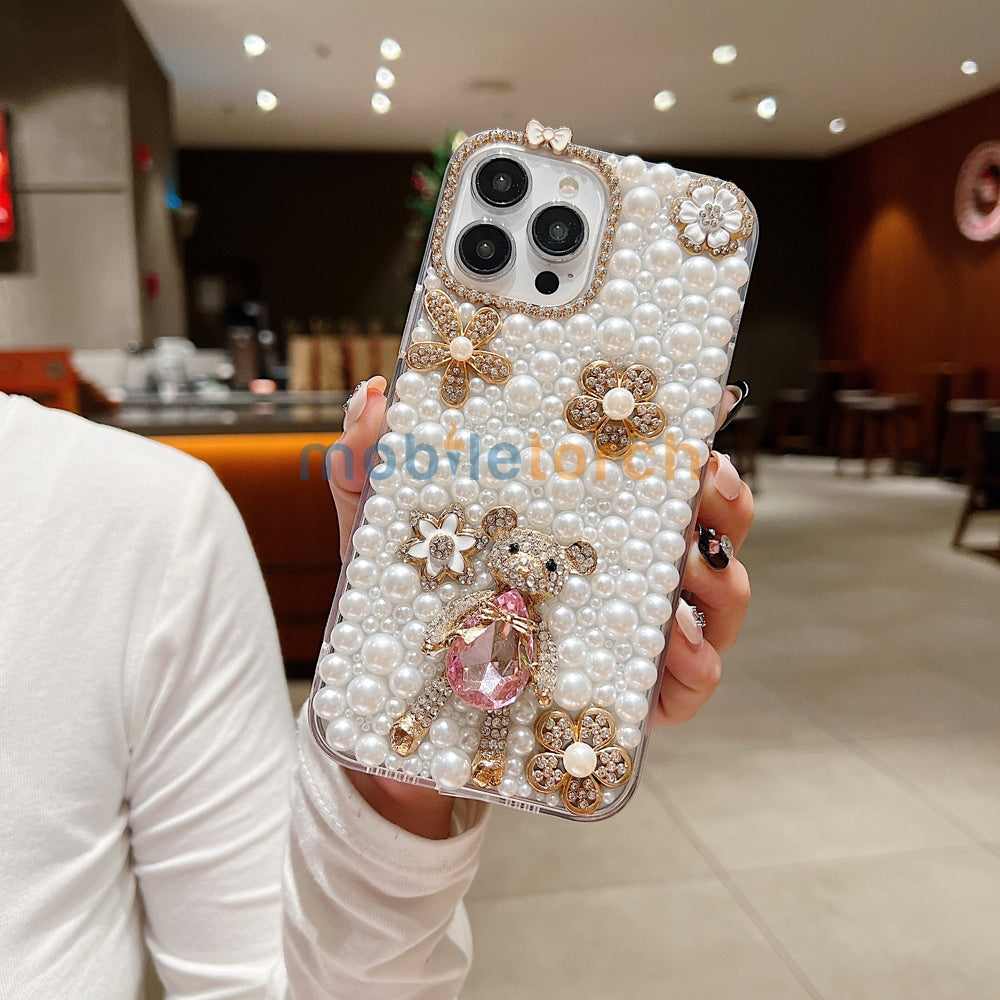 Handmade Decorative Pearl and Diamond Bear Phone Case - iPhone 16 Pro Max