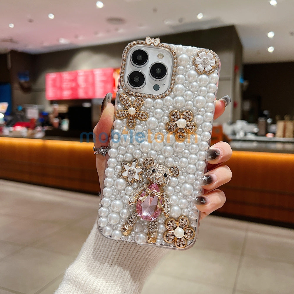 Handmade Decorative Pearl and Diamond Bear Phone Case - iPhone 16 Pro Max