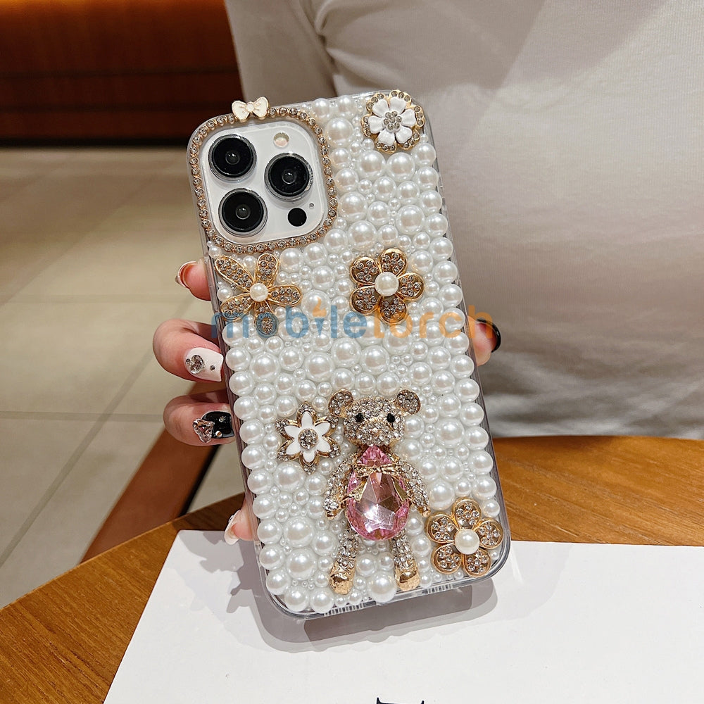 Handmade Decorative Pearl and Diamond Bear Phone Case - iPhone 16 Pro Max