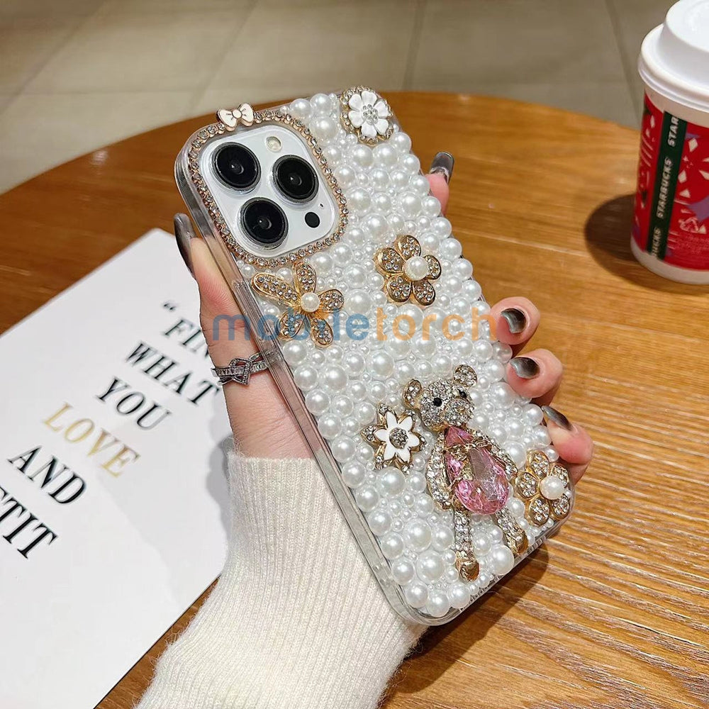 Handmade Decorative Pearl and Diamond Bear Phone Case - iPhone 16 Pro Max