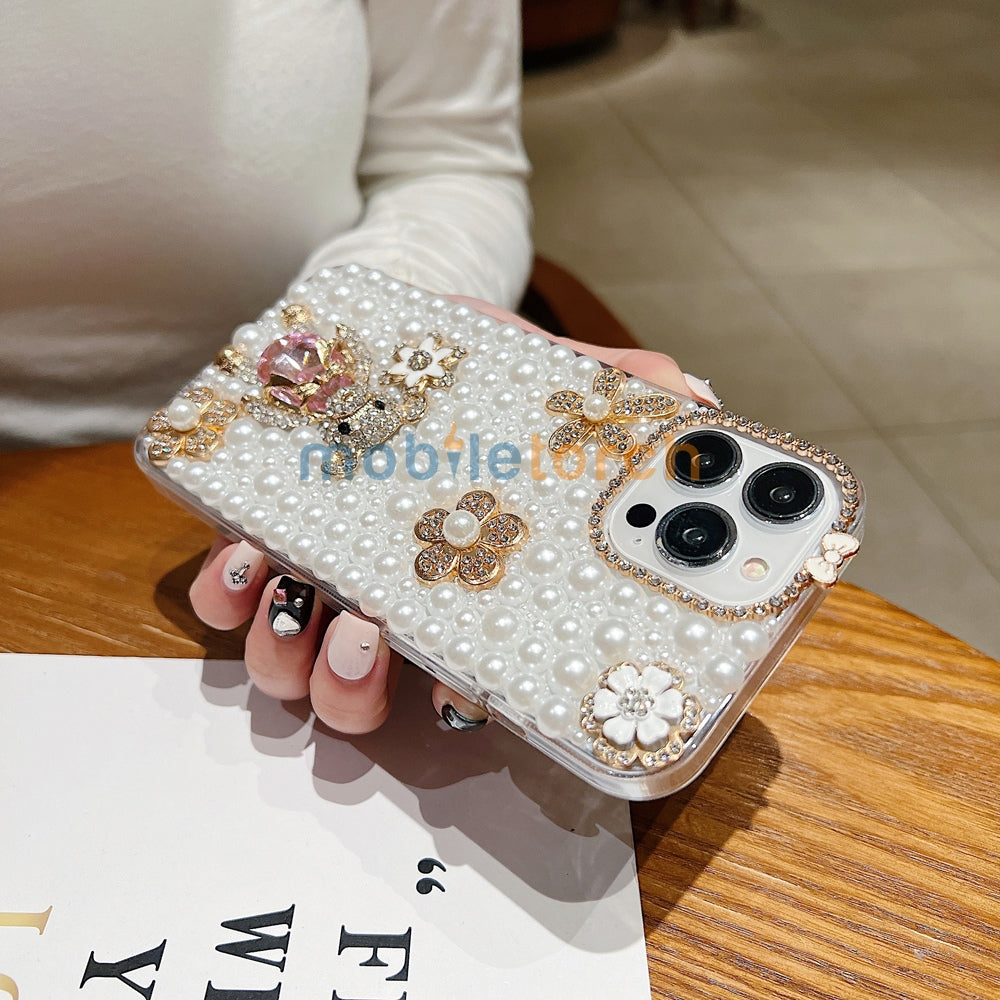 Handmade Decorative Pearl and Diamond Bear Phone Case - iPhone 16 Pro Max