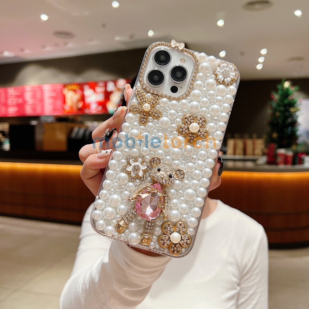 Handmade Decorative Pearl and Diamond Bear Phone Case - iPhone 16 Pro Max