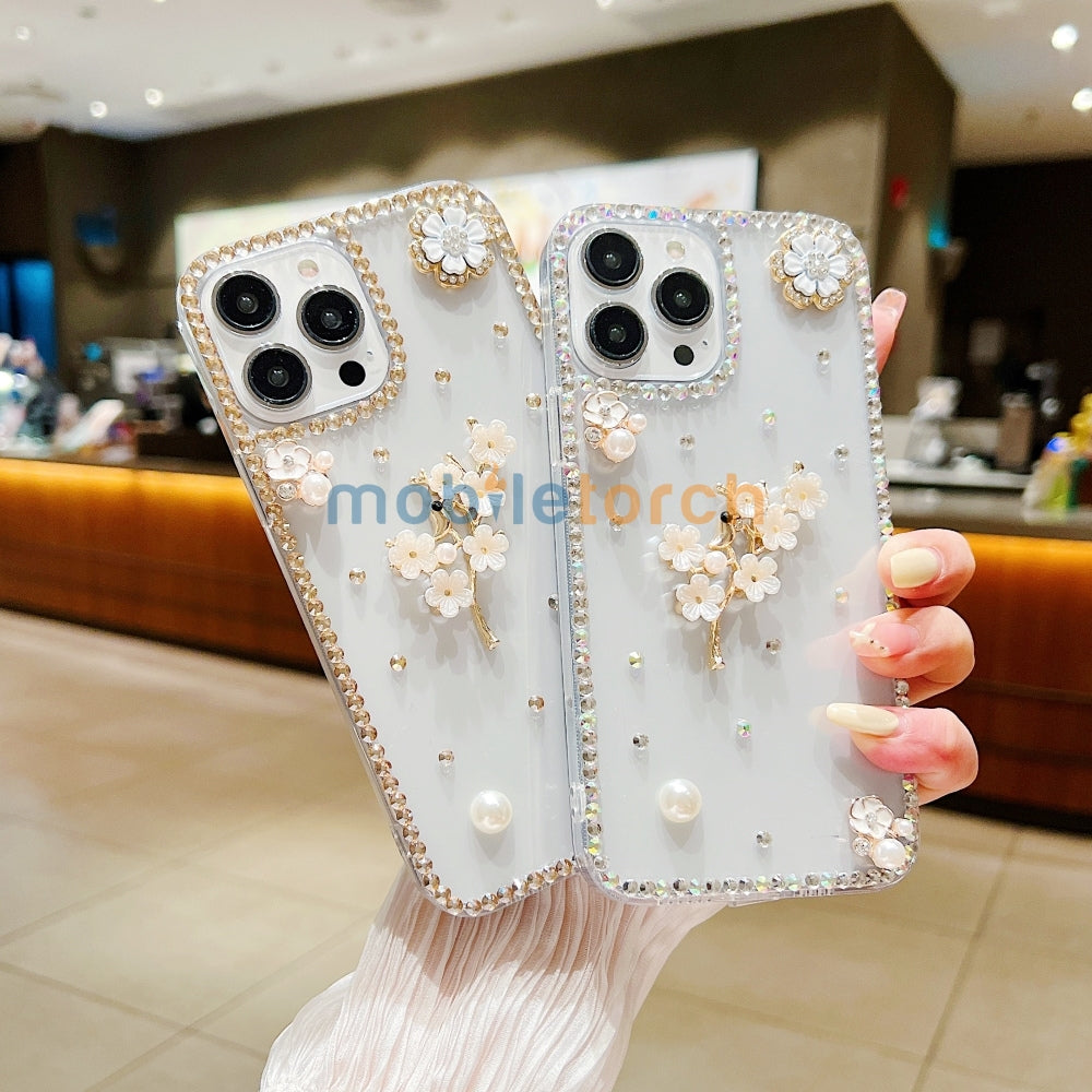 Handmade Jasmin Flower Pattern Diamond Border Transparent TPU(Soft) Case - Samsung S20FE