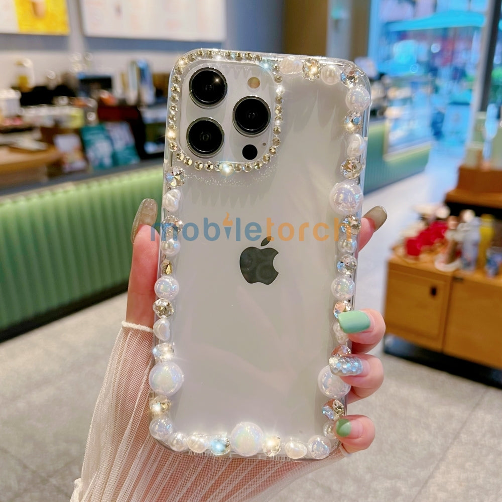 Handmade Pearl Border PC(Hard) | TPU(Soft) Transparent Case - iPhone 14 Pro