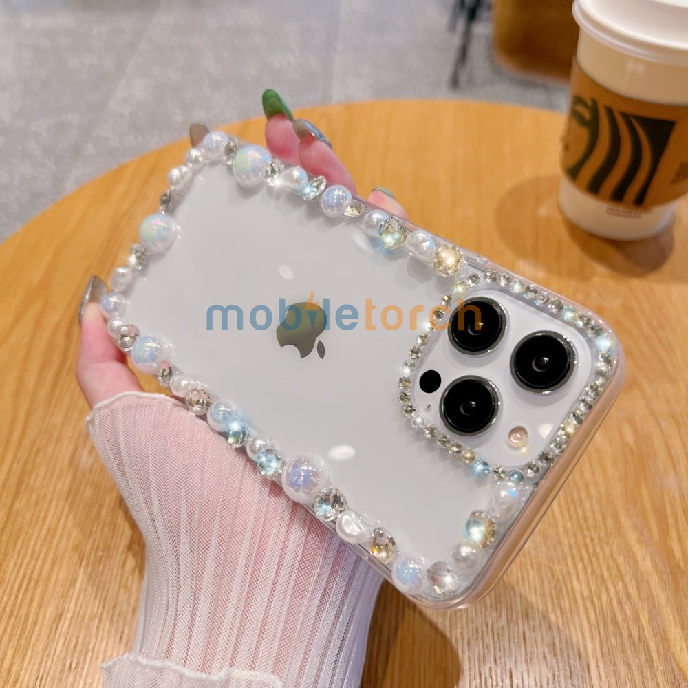 Handmade Pearl Border PC(Hard) | TPU(Soft) Transparent Case - iPhone 14 Pro