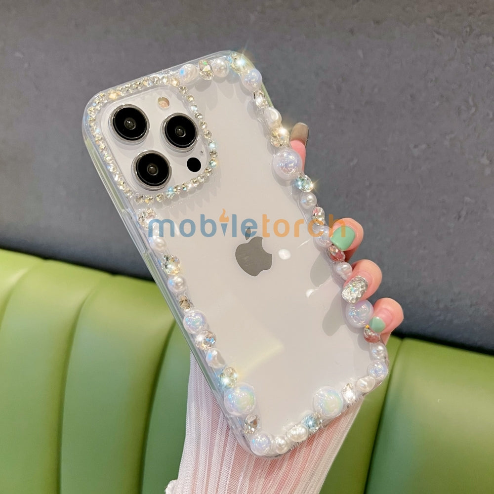 Handmade Pearl Border PC(Hard) | TPU(Soft) Transparent Case - iPhone 14 Pro
