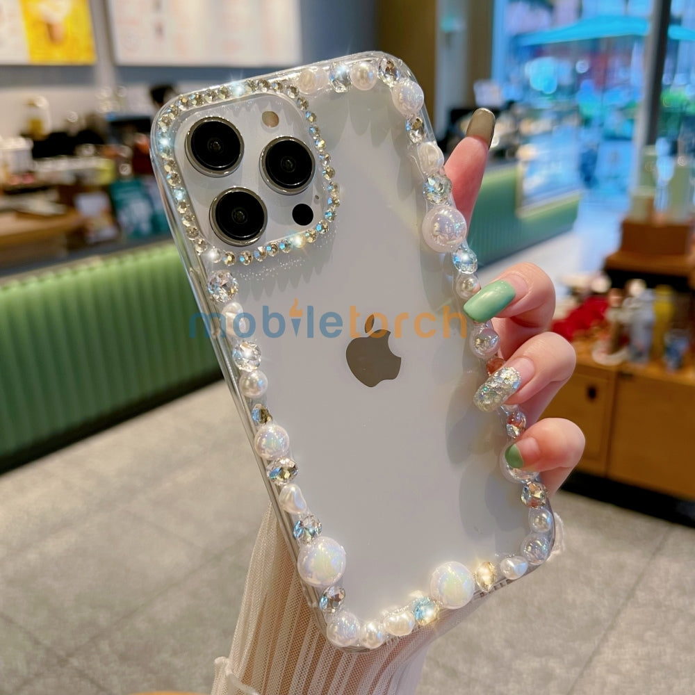 Handmade Pearl Border PC(Hard) | TPU(Soft) Transparent Case - iPhone 14 Pro