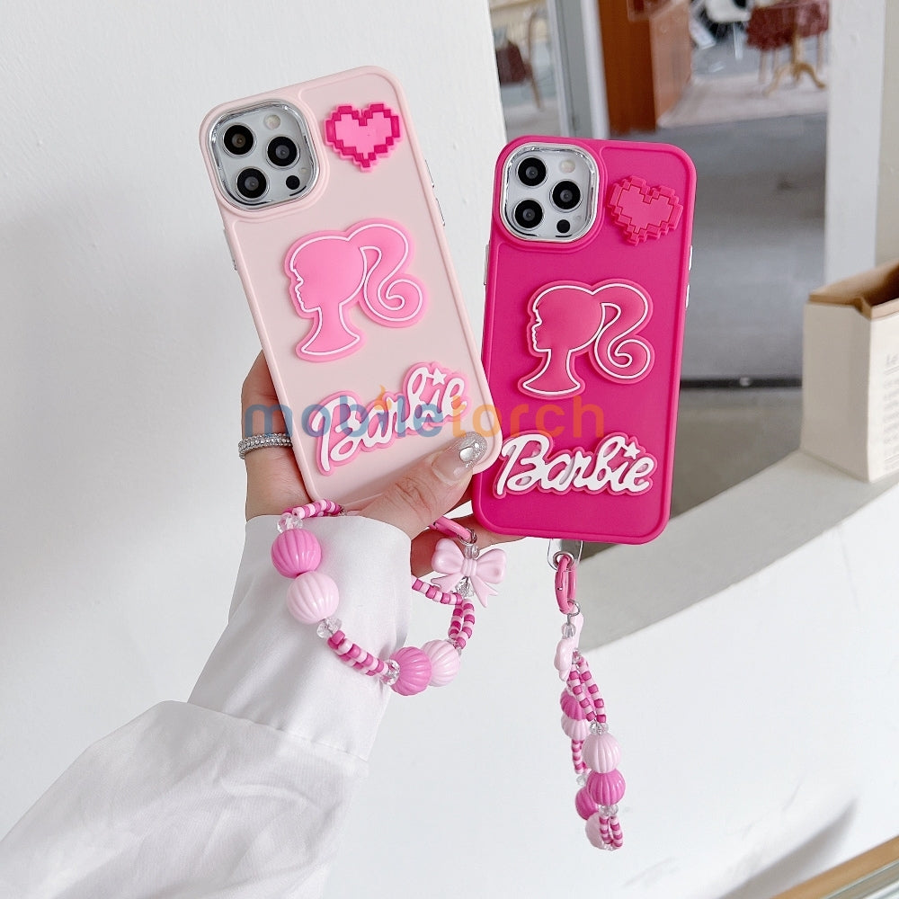 Heart and Doll Charm Silicone Soft Phone Case with Bracelet - iPhone 15 Pro Max