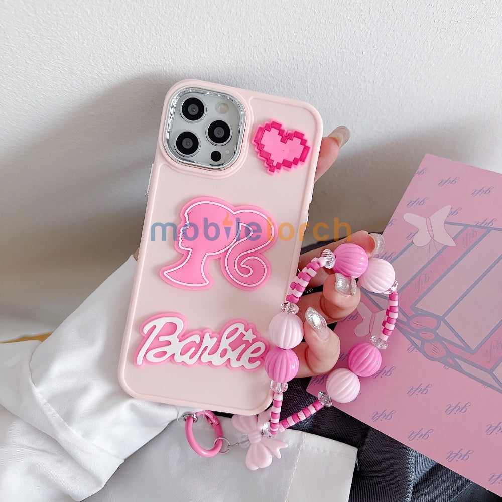 Heart and Doll Charm Silicone Soft Phone Case with Bracelet - iPhone 15 Pro Max