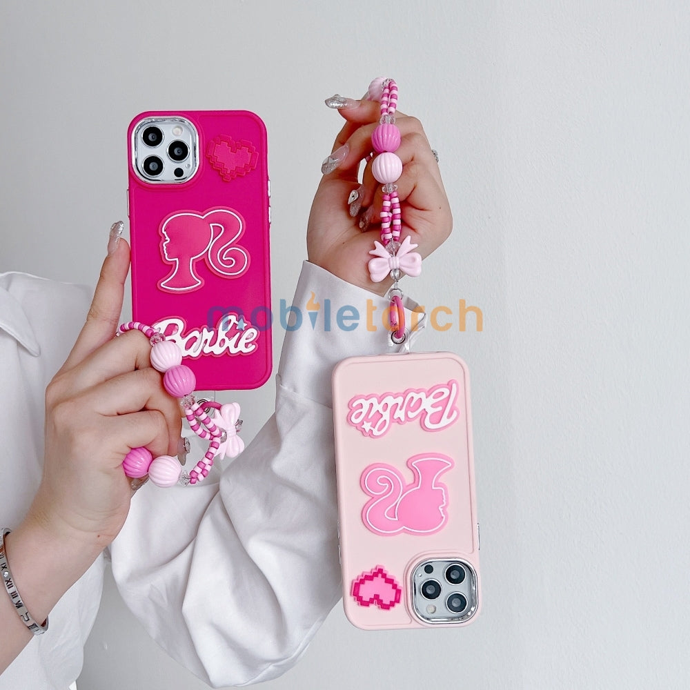 Heart and Doll Charm Silicone Soft Phone Case with Bracelet - iPhone 15 Pro Max