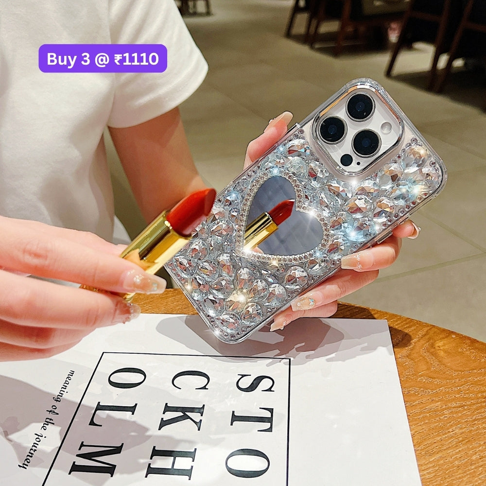 Heart shaped Makeup Mirror Dimond TPU (Soft) Phone Case | Mobile Cover - iPhone 16 Pro Max