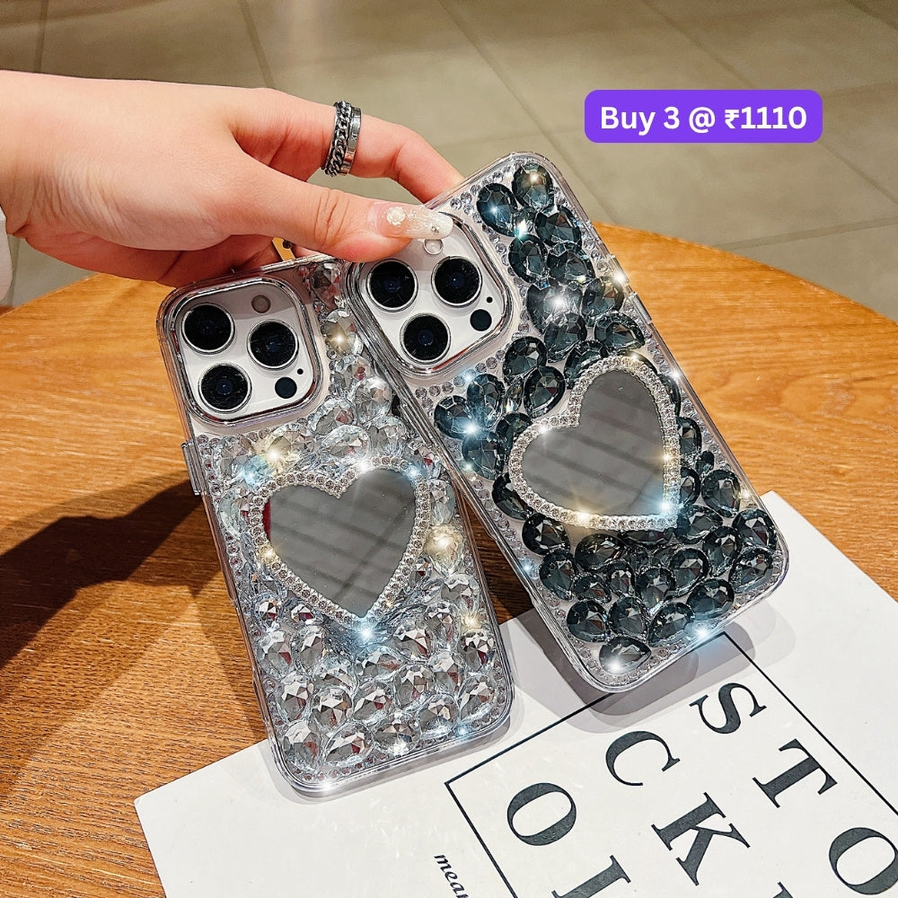 Heart shaped Makeup Mirror Dimond TPU (Soft) Phone Case | Mobile Cover - iPhone 16 Pro Max