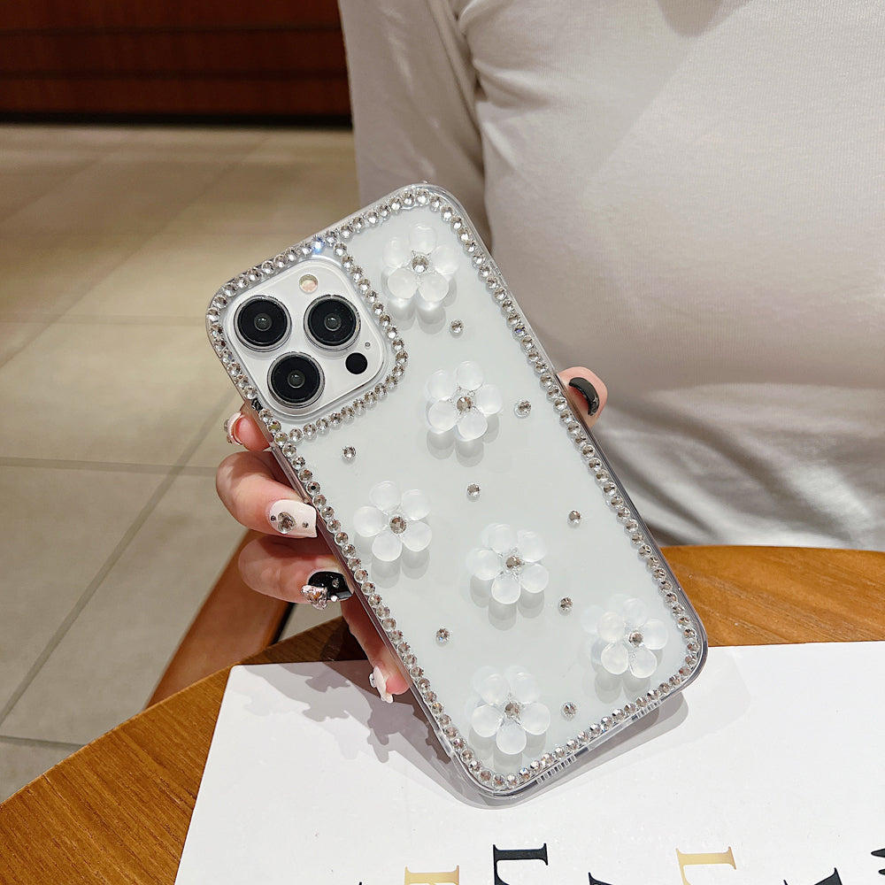 Five Leaf 3D Flower Diamond Border Transparent PC (Hard) | TPU (Soft) Phone Case - iPhone 15 Pro Max