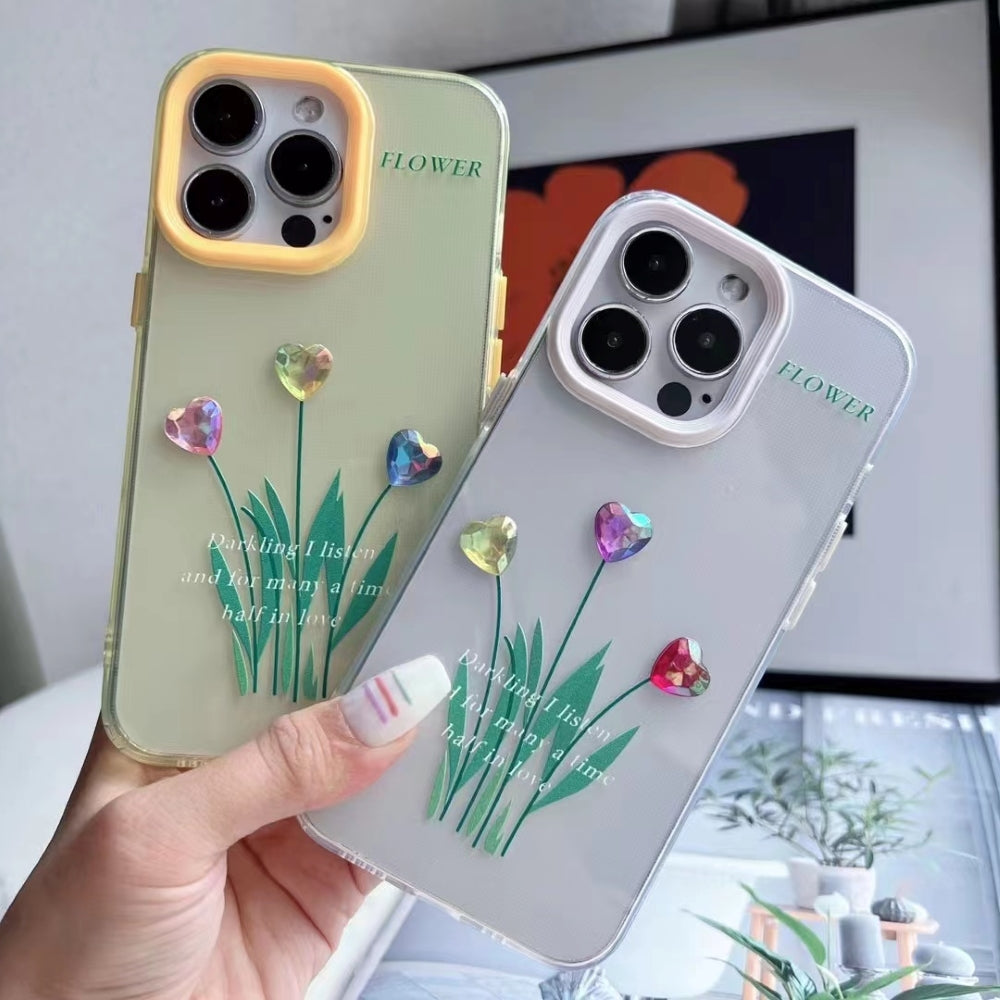 Grass Printing Little Heart Color Transparent TPU(Soft) Case - iPhone 15 Pro Max