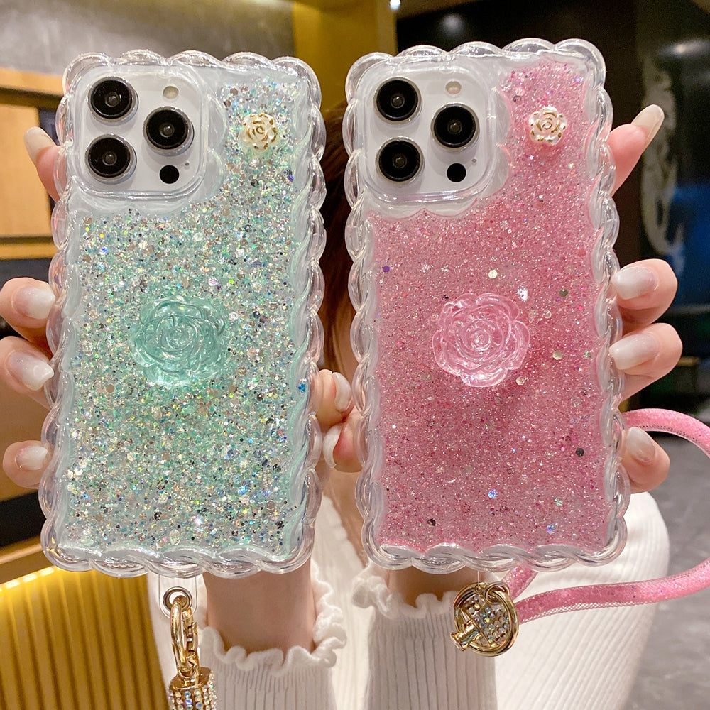 Glitter Transparent Clear Soft TPU Flower Wavy Shaped Edge Phone Case - iPhone 15 Pro Max