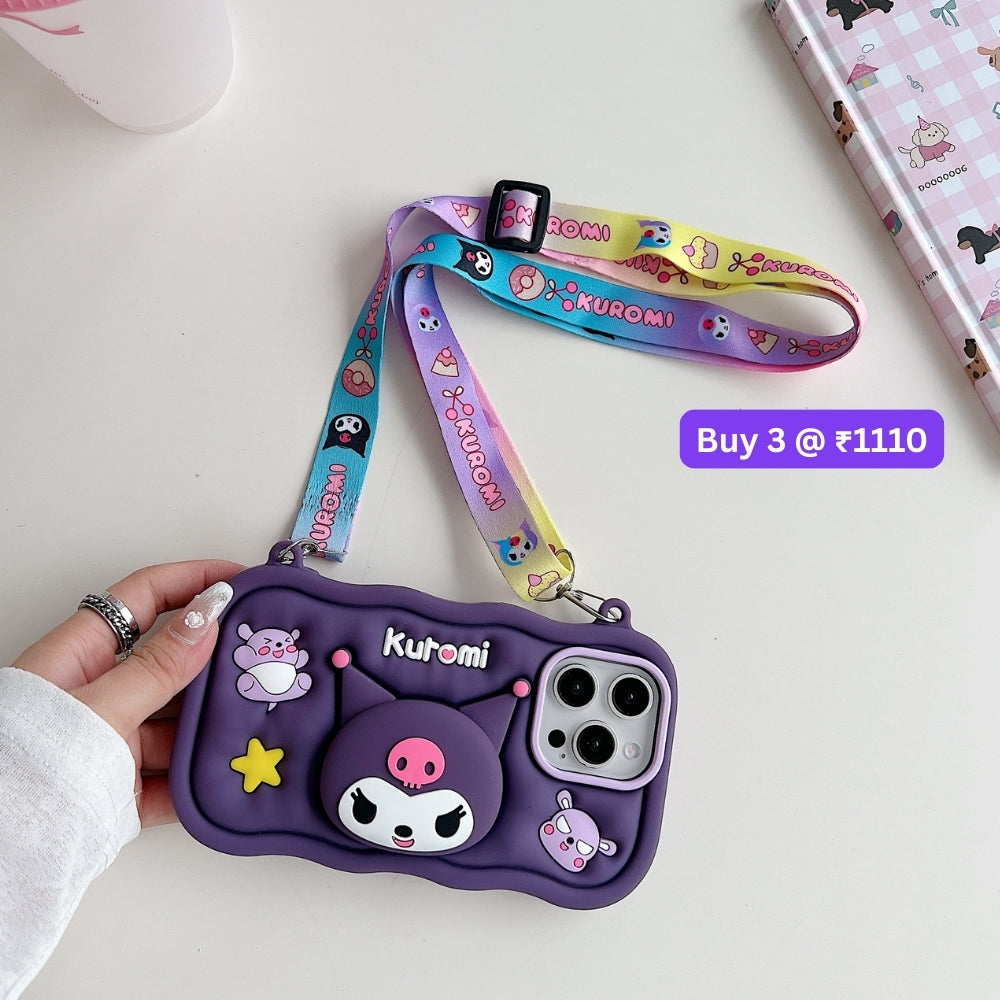 Kuromi Retractable Stand Phone Case with Shoulder Strap | Mobile Cover - iPhone 13