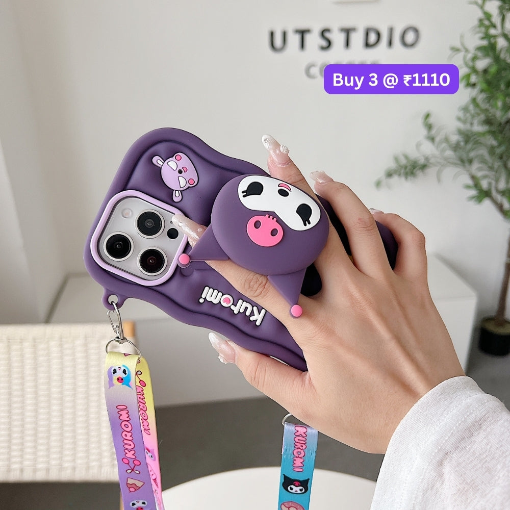 Kuromi Retractable Stand Phone Case with Shoulder Strap | Mobile Cover - iPhone 13
