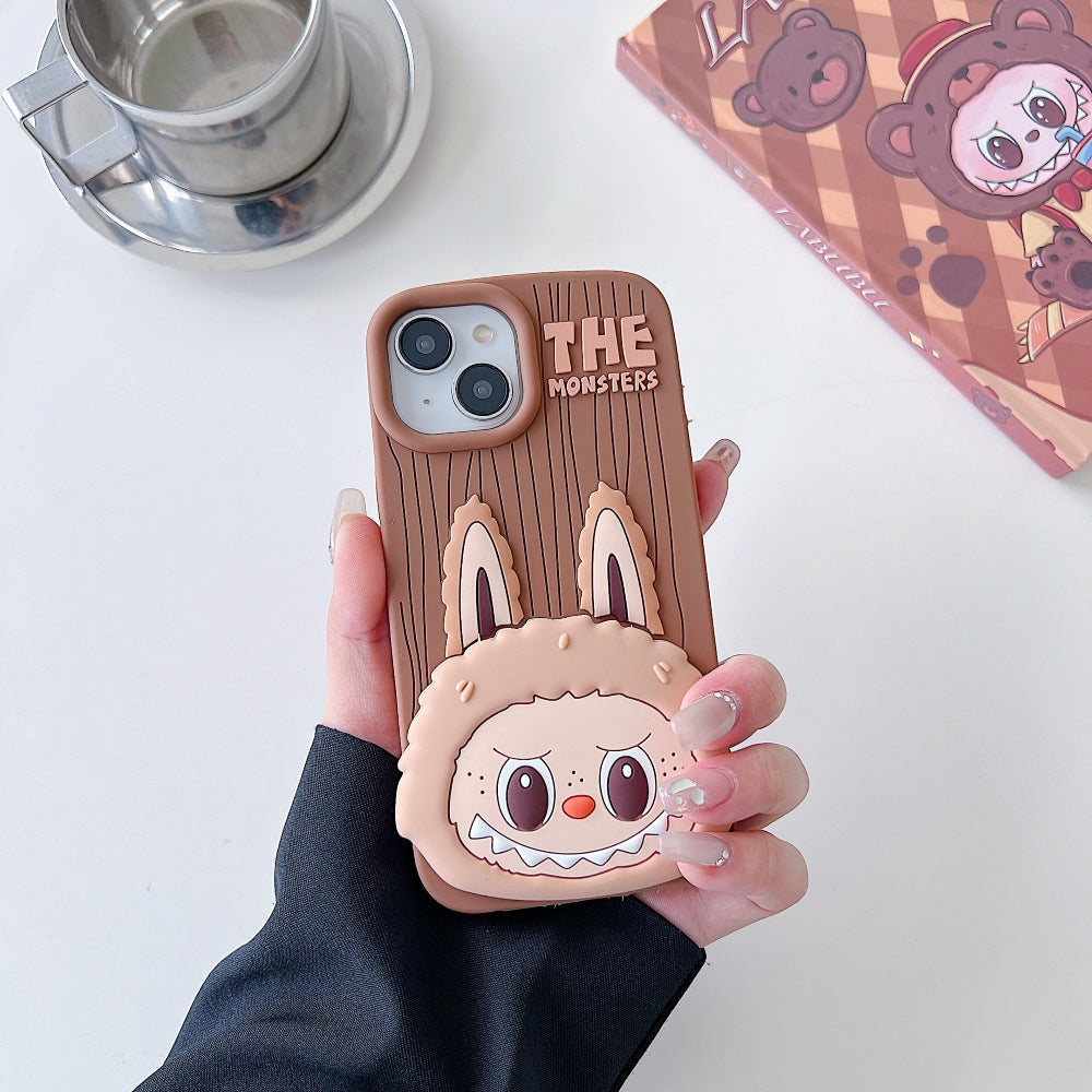 Labubu Cartoon Flip Makeup Mirror Stand Silicone Soft Phone Case | Mobile Cover - iPhone 16 Pro Max