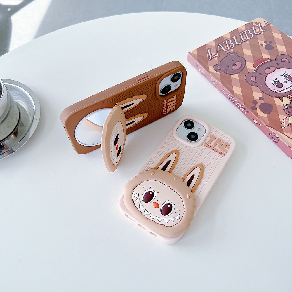 Labubu Cartoon Flip Makeup Mirror Stand Silicone Soft Phone Case | Mobile Cover - iPhone 16 Pro Max