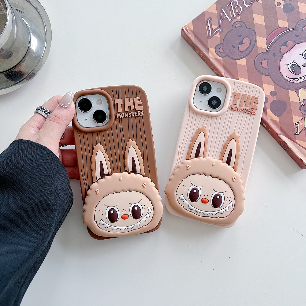 Labubu Cartoon Flip Makeup Mirror Stand Silicone Soft Phone Case | Mobile Cover - iPhone 16 Pro Max